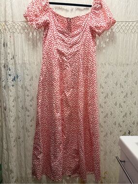 White and Red Polka Dot Puff Sleeve Midi Dress